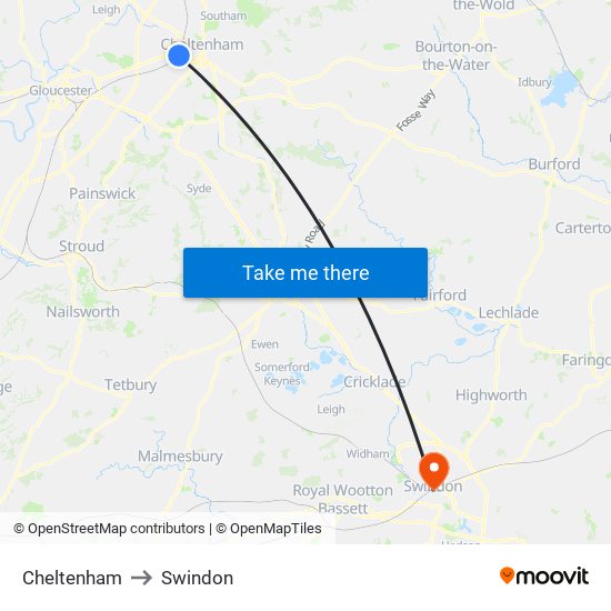 Cheltenham to Swindon map