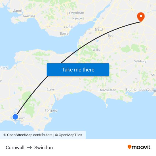 Cornwall to Swindon map