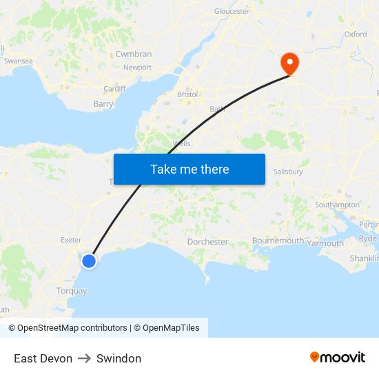 East Devon to Swindon map