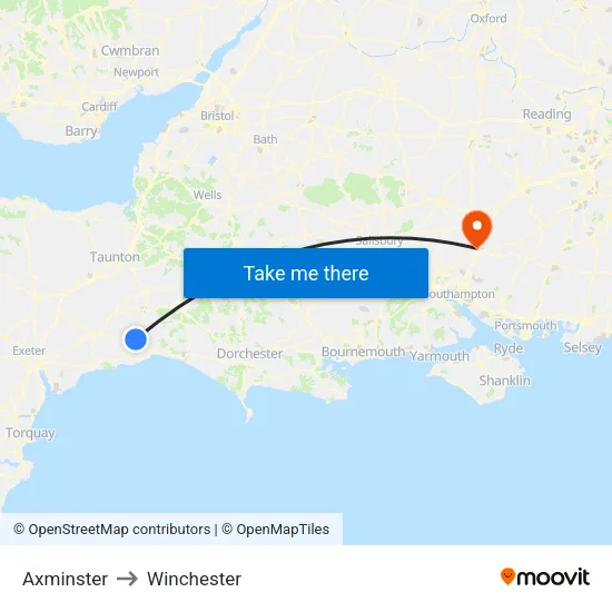 Axminster to Winchester map
