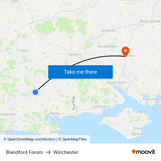 Blandford Forum to Winchester map
