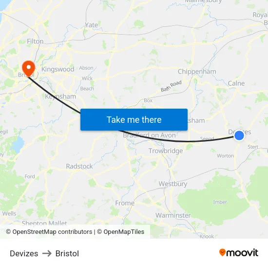 Devizes to Bristol map