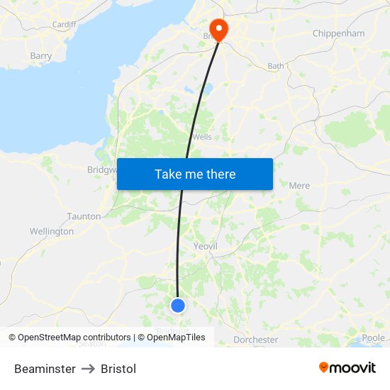 Beaminster to Bristol map