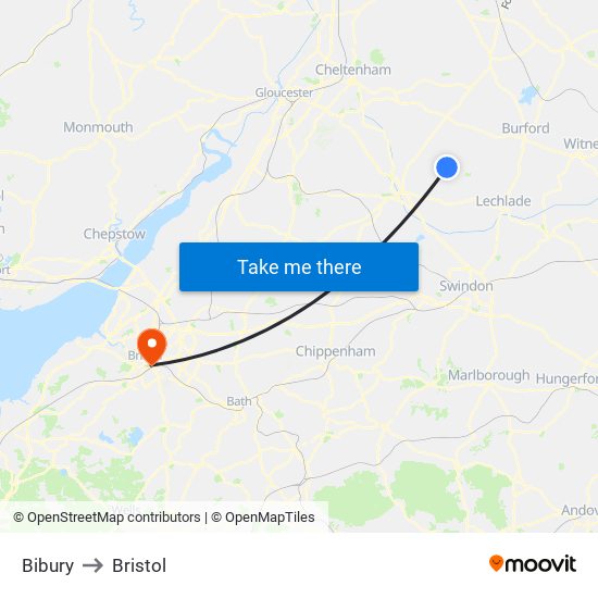 Bibury to Bristol map