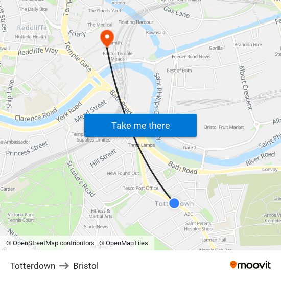 Totterdown to Bristol map