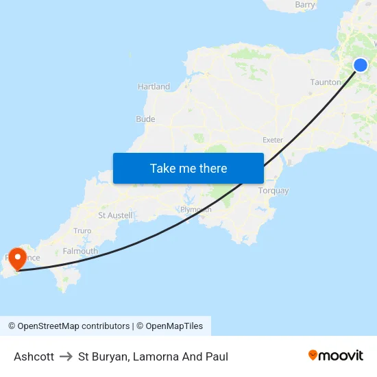 Ashcott to St Buryan, Lamorna And Paul map