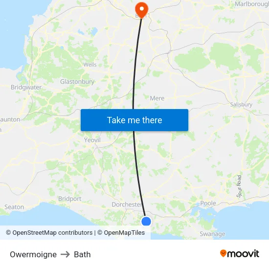 Owermoigne to Bath map