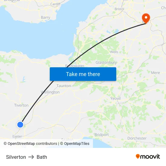 Silverton to Bath map