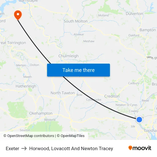 Exeter to Horwood, Lovacott And Newton Tracey map