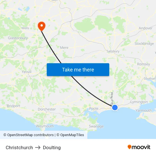 Christchurch to Doulting map