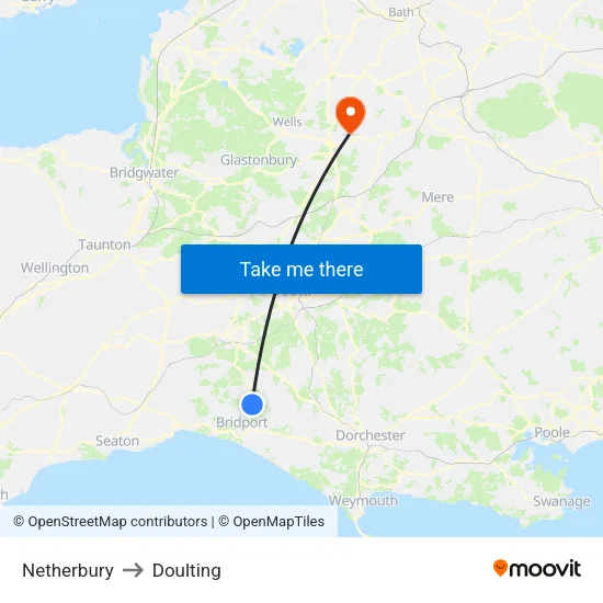 Netherbury to Doulting map