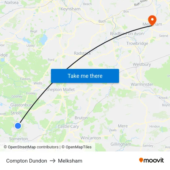 Compton Dundon to Melksham map
