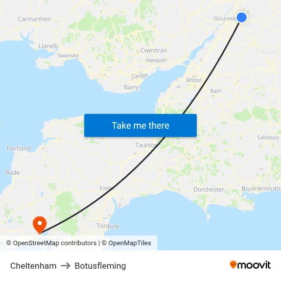 Cheltenham to Botusfleming map