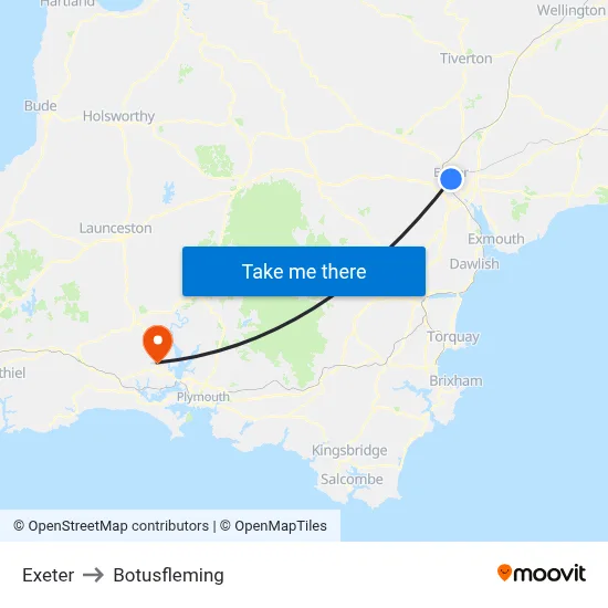 Exeter to Botusfleming map