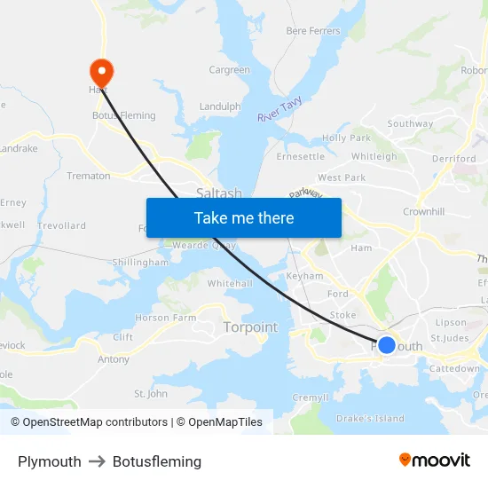 Plymouth to Botusfleming map