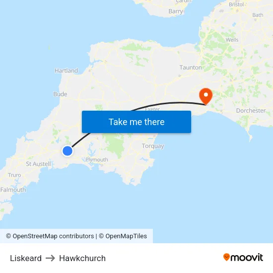 Liskeard to Hawkchurch map