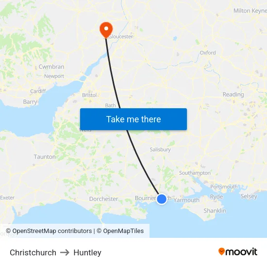 Christchurch to Huntley map