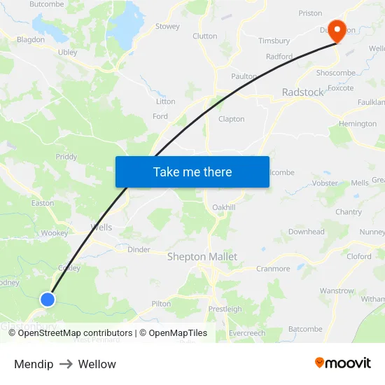 Mendip to Wellow map