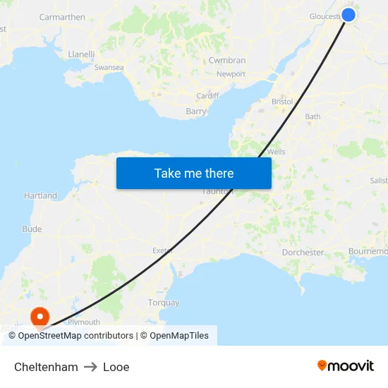Cheltenham to Looe map