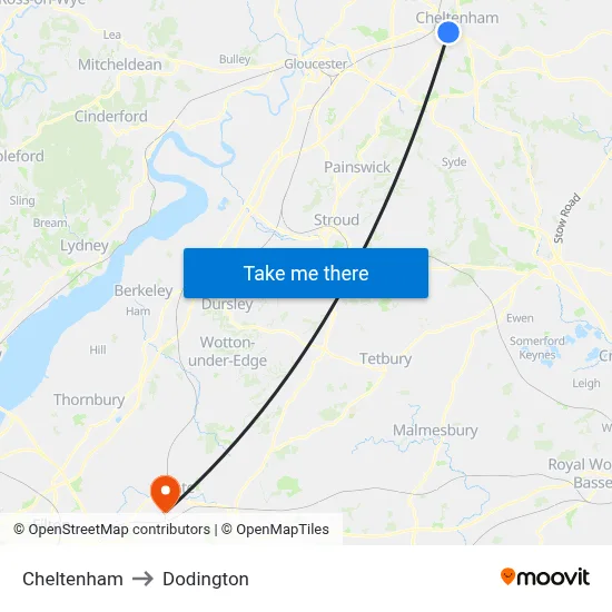 Cheltenham to Dodington map