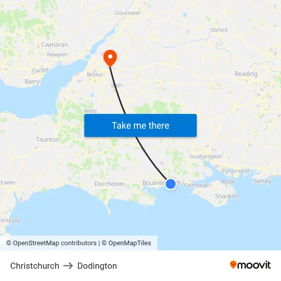 Christchurch to Dodington map