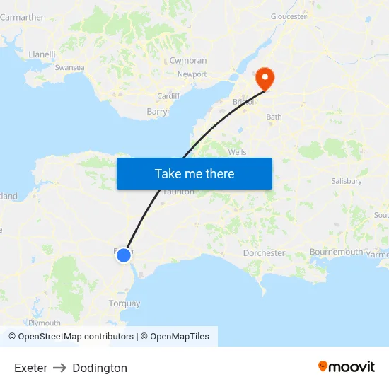 Exeter to Dodington map