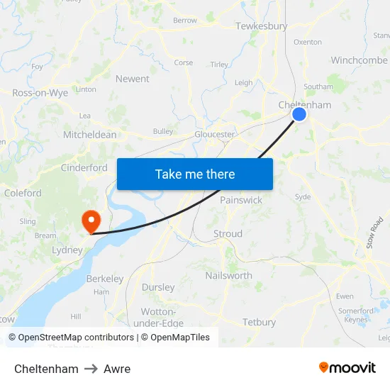 Cheltenham to Awre map
