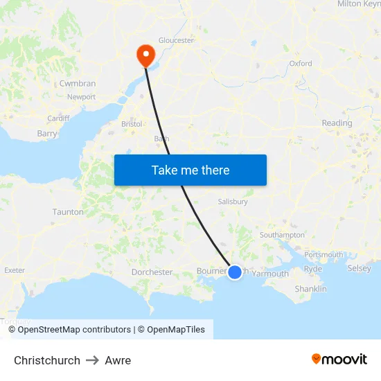 Christchurch to Awre map