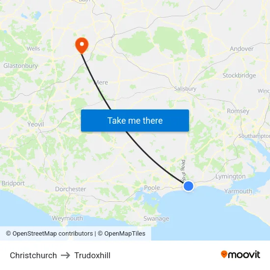 Christchurch to Trudoxhill map