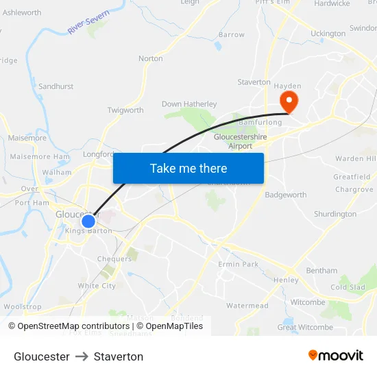 Gloucester to Staverton map