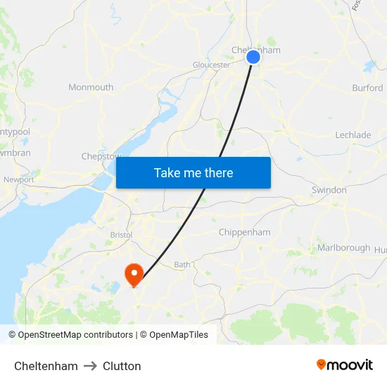 Cheltenham to Clutton map