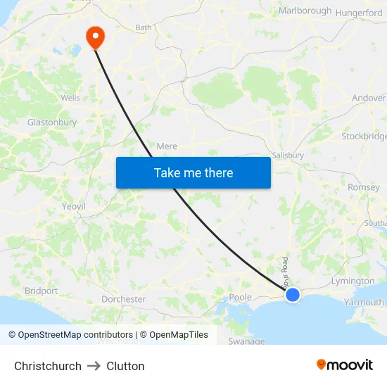 Christchurch to Clutton map