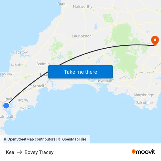 Kea to Bovey Tracey map