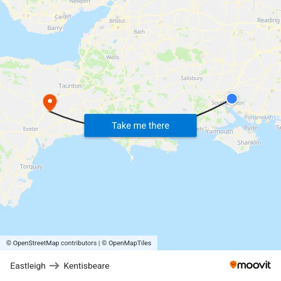 Eastleigh to Kentisbeare map