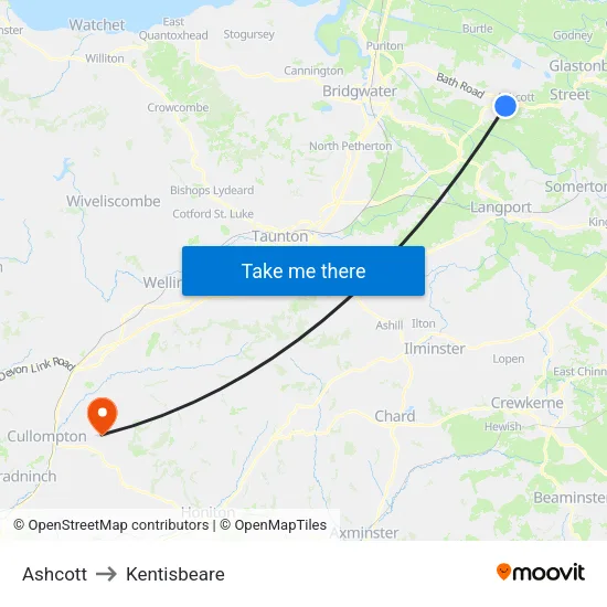 Ashcott to Kentisbeare map