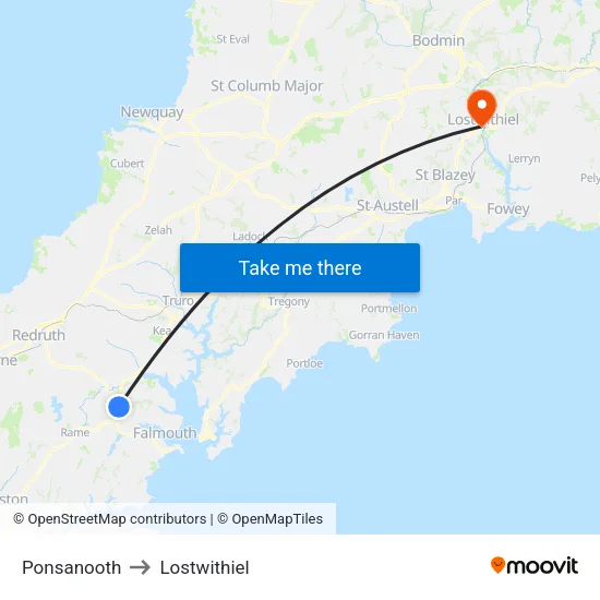 Ponsanooth to Lostwithiel map