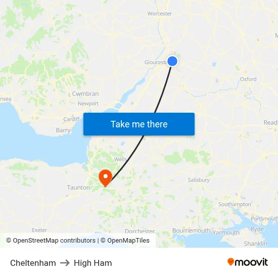 Cheltenham to High Ham map