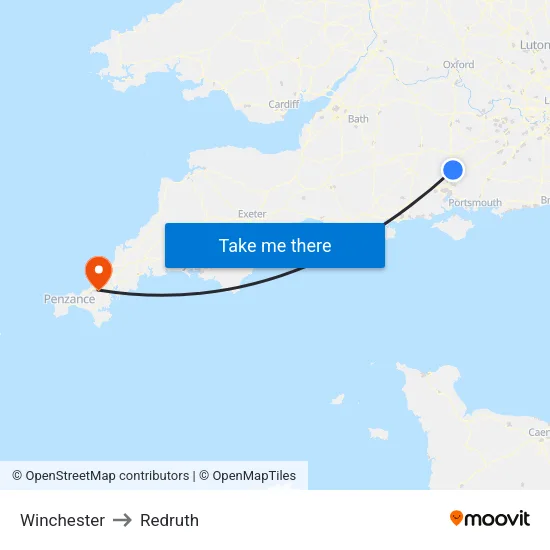 Winchester to Redruth map