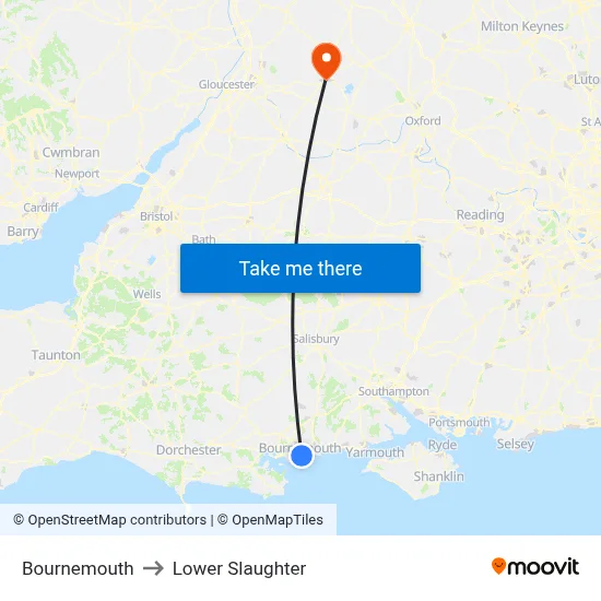Bournemouth to Lower Slaughter map