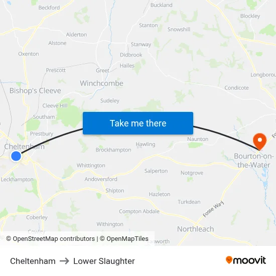 Cheltenham to Lower Slaughter map
