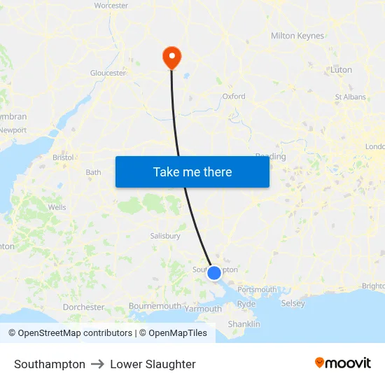 Southampton to Lower Slaughter map