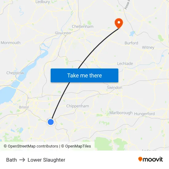 Bath to Lower Slaughter map