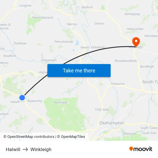 Halwill to Winkleigh map