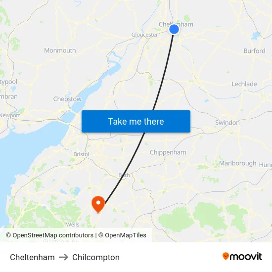 Cheltenham to Chilcompton map