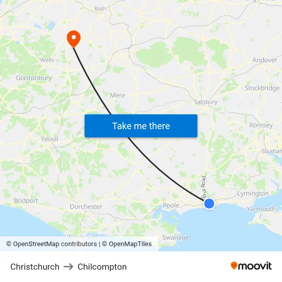 Christchurch to Chilcompton map