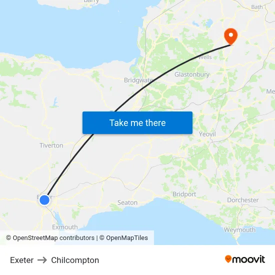 Exeter to Chilcompton map