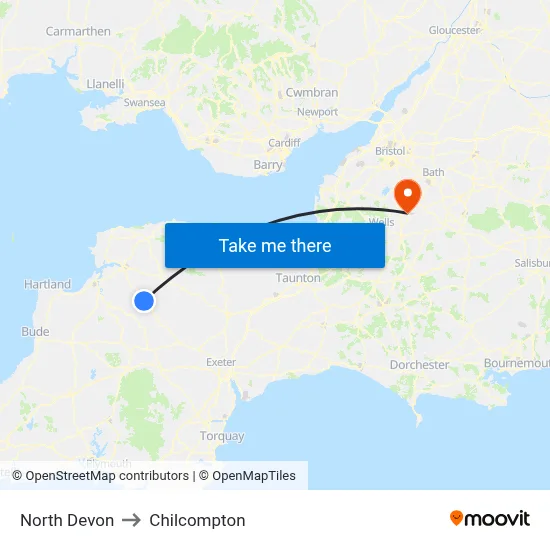 North Devon to Chilcompton map