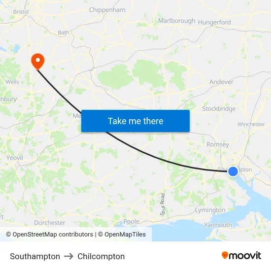 Southampton to Chilcompton map
