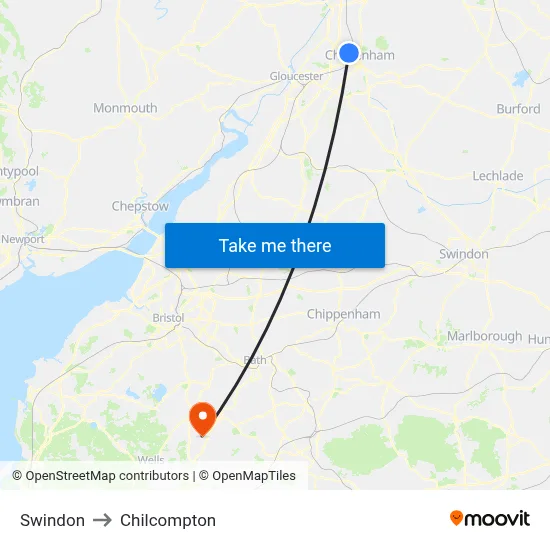 Swindon to Chilcompton map
