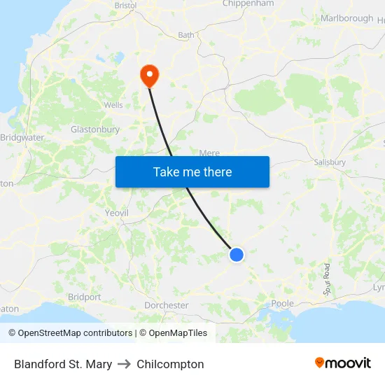 Blandford St. Mary to Chilcompton map